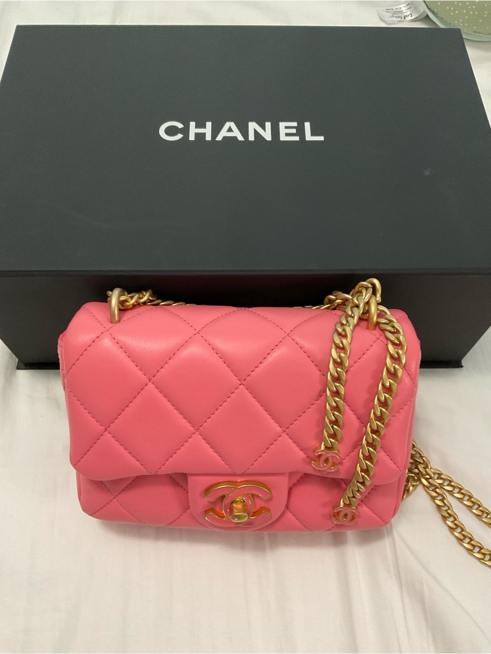 22P Pink Enamel Lambskin Quilted Pending CC Small Square Flap Aged Gold Hardware